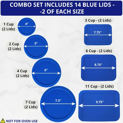 Vista 2 de 1, 2, 4 y 7 tazas redondas azules y 3, 6, 11 tazas rectangulares azules de repuesto para cuencos de almacenamiento Pyrex, Anchor Hocking