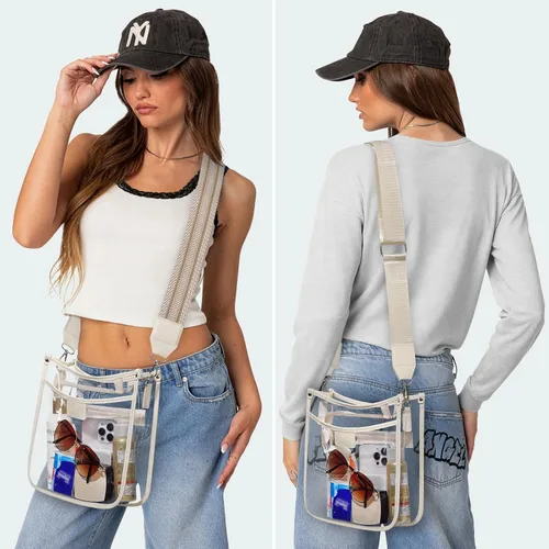 Vista 2 de Bolsa transparente grande de 3 bolsillos para eventos de estadio con 2 correas largas para mujer, bolsa cruzada para conciertos, aprobado