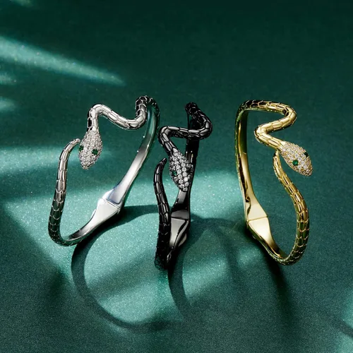 Vista 6 de Pulseras de serpiente, pulsera de serpiente ajustable, brazalete abierto, pulsera de plata con envoltura de serpiente de derivación, pulseras de oro