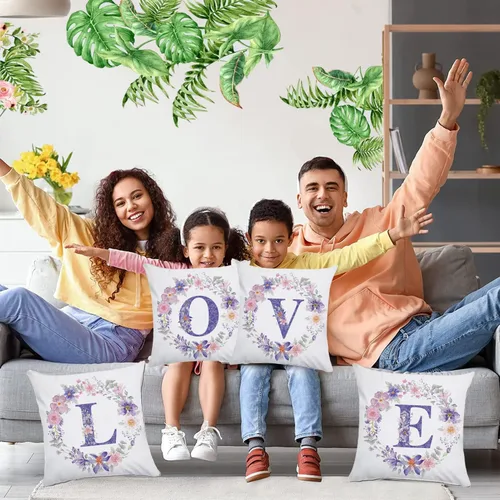 Vista 2 de Fundas de almohada con monograma de 18 x 18 pulgadas, almohadas decorativas con iniciales florales para el hogar, casa de campo, apellido, funda de B