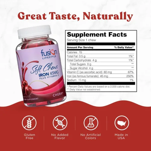 Vista 3 de Suplemento de hierro masticable para mujeres y hombres, sabor a cereza, hierro vitamina C suave masticable para máxima absorción, hierro como