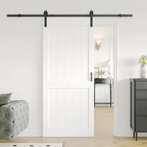 Vista 6 de Puerta de granero de 30 x 84 pulgadas con kit de herrajes para puerta corrediza de granero de 6 pies incluido, puerta corredera de teñido de madera