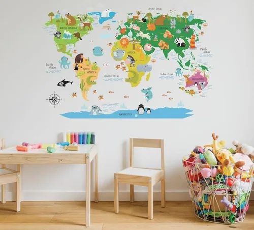 Calcomanía de mapa del mundo, calcomanía de pared para guardería, calcomanía de geografía de habitación infantil, arte de pared de mapa educativo
