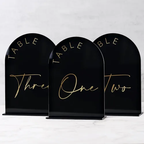 Vista 11 de Números de Mesa de Boda Arqueados con Espejo Dorado 1-15 con Soportes, Letrero de Arco Acrílico de 5x7 Pulgadas con Soporte, Números de Mesa