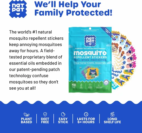 Vista 4 de BuzzPatch Calcomanías de parches de mosquitos para niños (paquete de 60) – Todos los ingredientes naturales, a base de plantas, no tóxicos, sin