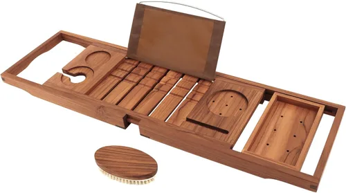 Vista 7 de VaeFae - Bandeja extensible de bambú para bañera, bandeja de baño para tina con ranuras mejoradas para vino y soporte para libros - Ideal para uso