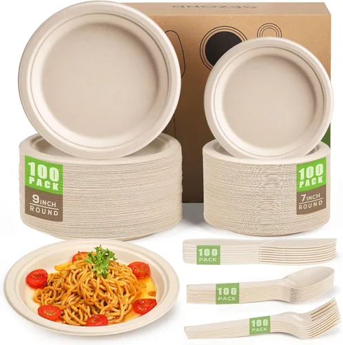 Gezond Juego de platos de papel compostables, 500 piezas, platos desechables, cubiertos de alta resistencia, juego de vajilla ecológica para fiesta