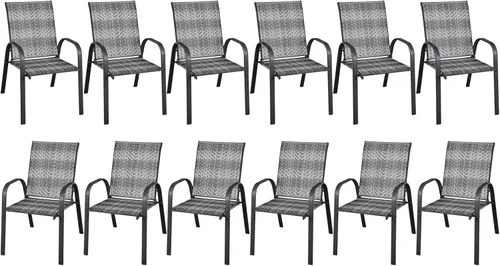 Vista 11 de Tangkula Juego de 6 sillas apilables de mimbre de polietileno para exteriores, sillas de comedor para patio con marco de acero resistente, sillas
