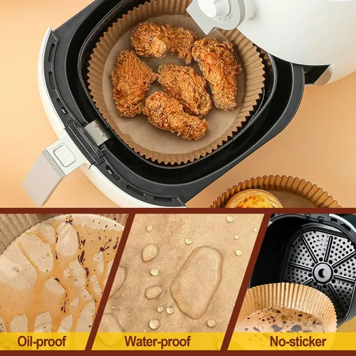 Vista 4 de Forro de papel desechable para freidora de aire, tamaño grande de 8 pulgadas, antiadherente, desechable, papel de hornear para freidora de aire, a