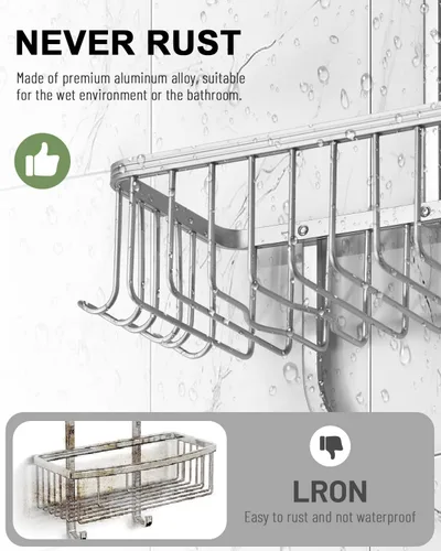 Vista 4 de Shower Caddy Hanging - Never Rust Shower Hanging Organizer - Aluminum Over the ShowerHead Caddy with 6 Hooks for Razor/Sponge (Silver)