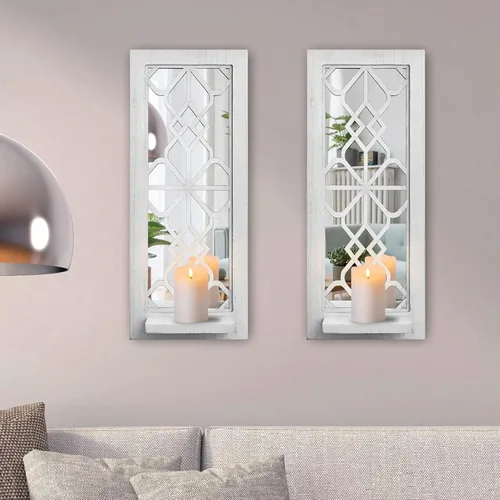 Vista 18 de Juego de 2 candelabros de pared de madera, portavelas rústico con espejo, marco de madera tallada, decoración de pared colgante para sala de estar