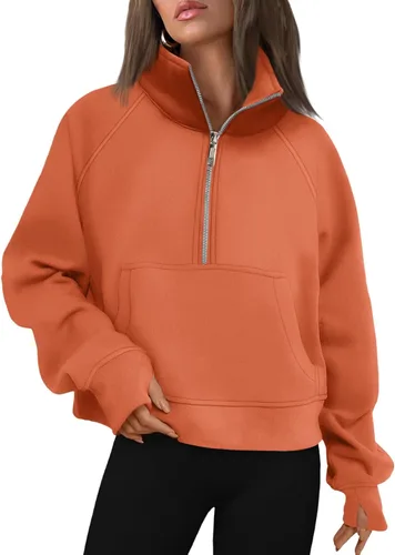 Vista 9 de AUTOMET Sudaderas con media cremallera para mujer, sudadera corta de vellón con cremallera de un cuarto, sudaderas con capucha para el otoño, a