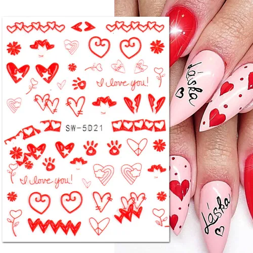 Vista 7 de Calcomanías de arte de uñas para el día de San Valentín en relieve 5D, calcomanías de uñas de corazón colorido en relieve para el día de San