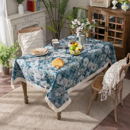 Vista 2 de SUTAVIA Manteles de algodón azul floral elegante Monet estilo francés hecho a mano tela elegante con encaje multiusos para mesa de casa de campo