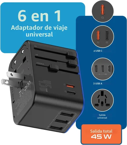 Vista 2 de Ceptics Adaptador de viaje universal, adaptador de corriente internacional de 45 W con PD y QC 3.0 Dual USB-C, adaptador de viaje de 3 USB en todo