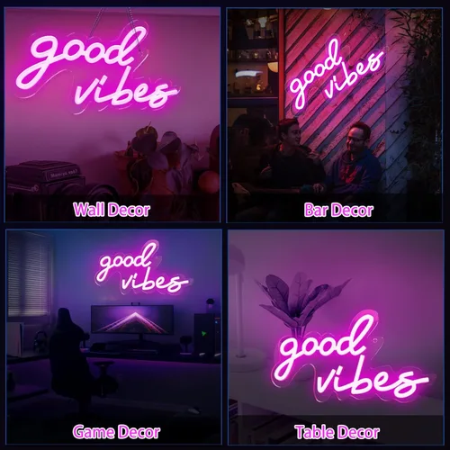 Vista 6 de Coconeon Good Vibes - Letrero de neón con interruptor regulable alimentado por USB, letreros de neón LED rosa para decoración de pared, luces