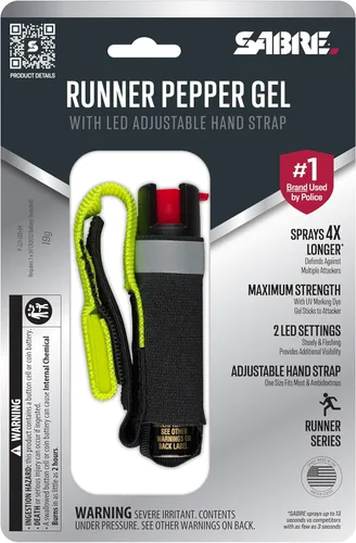 Vista 10 de SABRE Runner Pepper Gel para autodefensa con correa de mano LED ajustable para correr, luz siempre encendida o intermitente, ajuste ambidiestro