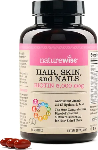 NatureWise Vitamina para el cabello, piel y uñas, biotina 5000mcg con ácido hialurónico, colágeno para mujeres con complejo C, B, D3, A, E, hierro,