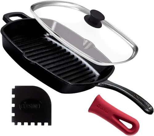 Cuisinel - Sartén de hierro fundido cuadrada para parrilla + tapa de vidrio + raspador de sartén + cubierta de mango - Sartén con nervaduras