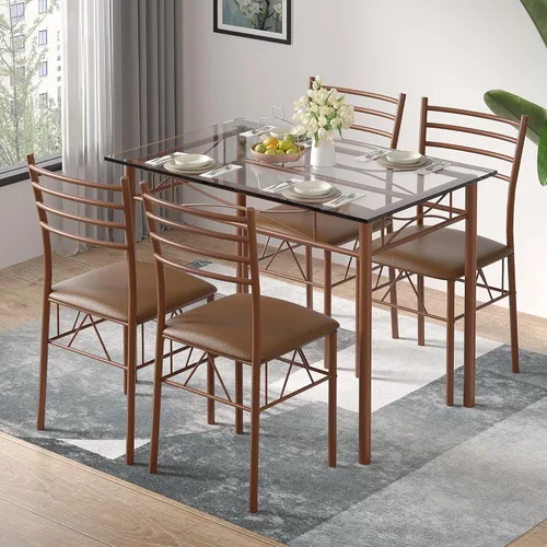 Vista 9 de VECELO Juego de mesa de comedor para 4, mesa de cocina de vidrio de 5 piezas con sillas acolchadas tapizadas para espacios pequeños, rincón de Negro