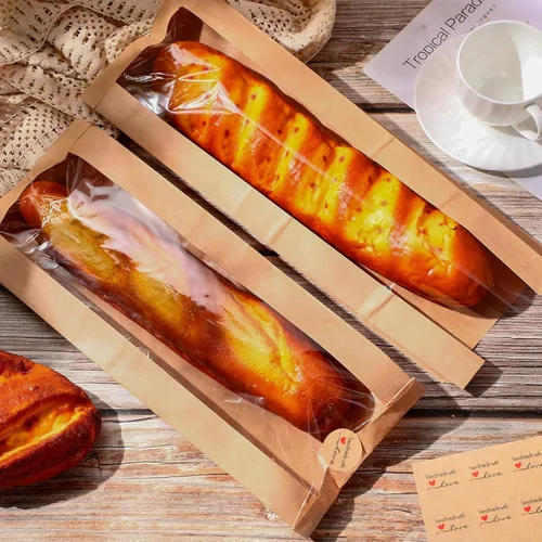 Vista 6 de Thenshop 120 bolsas de pan francés de papel con calcomanías de sello, bolsas de baguette para pan marrón casero con ventana transparente, bolsas