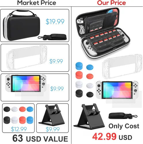 Vista 7 de FYOUNG Accessories Bundle Compatible with Switch OLED, Carrying Case with Shoulder Strap for Switch OLED and Tempered Glass Screen Protector