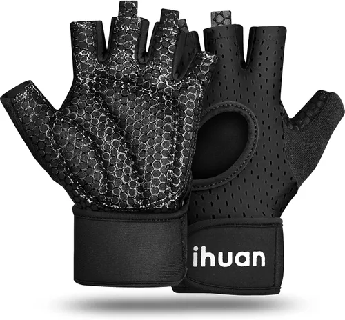 Vista 11 de ihuan Guantes transpirables para levantamiento de pesas: soporte de muñeca para ejercicio sin dedos Mejora la protección de la palma Agarre