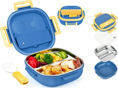 Vista 12 de Pequeña mini caja Bento o caja de aperitivos con 2 compartimentos extraíbles de acero inoxidable y cubiertos para bebé de 0 a 24 meses, a prueba