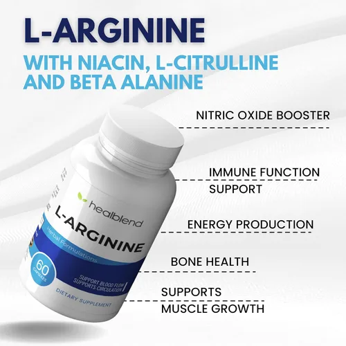 Vista 3 de healblend L-Arginina Plus: Calcio, Niacina, Mezcla de L-Arginina, Complejo L-Citrulina y Beta Alanina - 60 Cápsulas