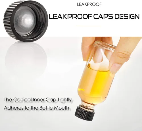 Vista 4 de Botellas pequeñas de vidrio transparente de 2 oz (2.0 fl oz) con tapas y embudos de acero inoxidable – Botellas redondas de muestra de Boston