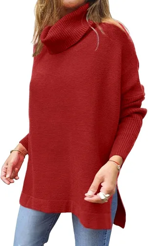 Vista 3 de LILLUSORY - Suéter de punto holgado de cuello alto para mujer, diseño tipo túnica con manga larga de murciélago, dobladillo dividido y sin botones