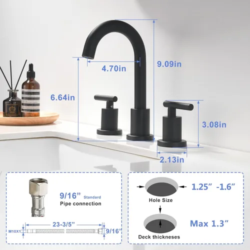 Vista 6 de Grifo de lavabo de baño generalizado de dos asas, grifo de tocador de 3 agujeros con drenaje emergente y líneas de suministro de grifo cUPC, grifo