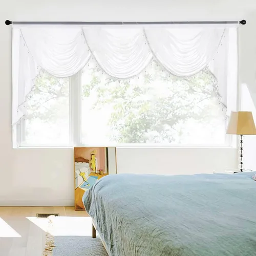 Vista 16 de NICETOWN Cortina de cenefa blanca transparente para sala de estar, cocina estilo granja, cascada, cortinas Victoria pequeñas, cortinas de cuentas