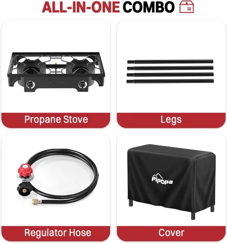 Vista 5 de Estufa de campamento de propano de 2 quemadores Quemadores de gas de alta presión de 150,000 BTU con regulador de 0-20 PSI Cubierta impermeable