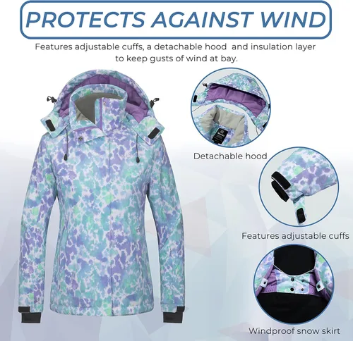 Vista 3 de Wantdo Chaqueta de esquí impermeable para mujer, estampado colorido, costuras totalmente selladas, abrigo de lluvia cálido de invierno
