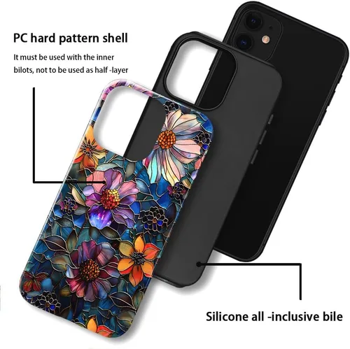 Vista 3 de Funda TnXee Compatible con iPhone 11, Funda Híbrida de 2 Capas de Prevención de Caídas con Arte Floral Colorido para Niñas y Niños