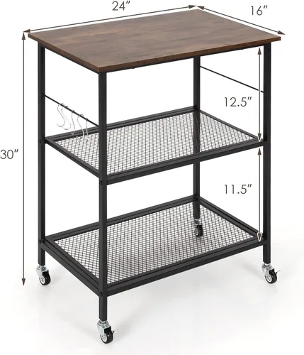 Vista 15 de Giantex Estante pequeño para panaderos de 3 niveles con estante abierto de almacenamiento, carrito de microondas con ruedas, soporte de microondas