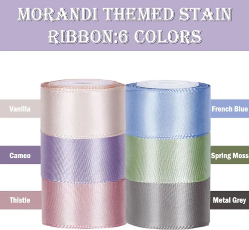 Vista 3 de Whaline Cinta de satén de colores neutros, 6 rollos de cintas de seda pastel para boda de doble cara de 1 pulgada y 5 yardas cada uno para boda