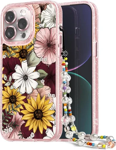 Vista 47 de Compatible para iPhone 13 Funda Bonita Estética - Funda para Teléfono Rosa con Purpurina con Protector de Cámara - Diseño de Cubierta