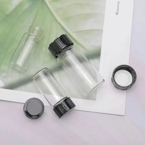 Vista 6 de Frascos de vidrio de muestra de 0.1 fl oz con tapas de rosca, botella vacía de almacenamiento de laboratorio, vidrio de borosilicato transparente