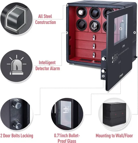 Vista 2 de Cheopz Caja de seguridad para 6 relojes automáticos y almacenamiento de múltiples joyas con cerradura de seguridad, Negro