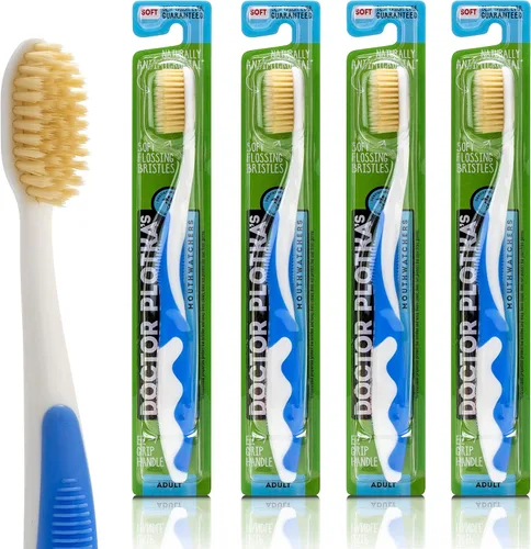 MOUTHWATCHERS Dr. Plotka's - Cepillos de dientes con hilo dental suave, paquete de 4, azul, cepillo de dientes manual para adultos, ultra limpio,