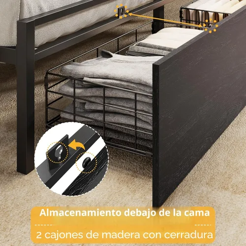 Vista 4 de Furnulem Base de cama de tamaño matrimonial con cabecera de madera, plataforma de metal, tamaño matrimonial con 2 cajones de almacenamiento