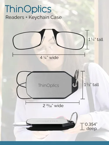 Vista 5 de ThinOptics Estuche para llavero y lentes de lectura rectangulares para lectores, Funda negra/marcos transparentes