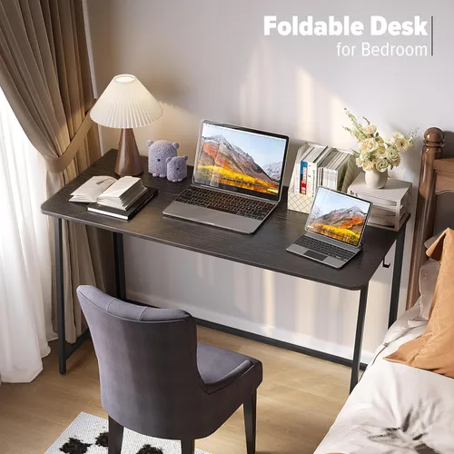 Vista 29 de WOHOMO Escritorio plegable de mármol sintético blanco, escritorio pequeño de 31.5 pulgadas para espacios pequeños con patas doradas, escritorio