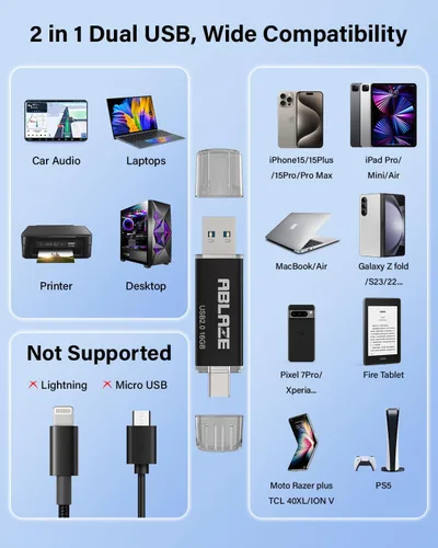 Vista 5 de ABLAZE 16GB Unidad Flash USB Tipo C 10 Pack, Memoria Stick Thumb Drive Dual USB 2.0+USB C Compatible con iPhone 16/15, Smartphone Android