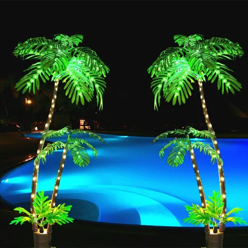 Vista 5 de Palmera artificial iluminada para patio exterior, decoración de palmera de Navidad iluminada de 6 pies, palmeras falsas para decoración de piscina