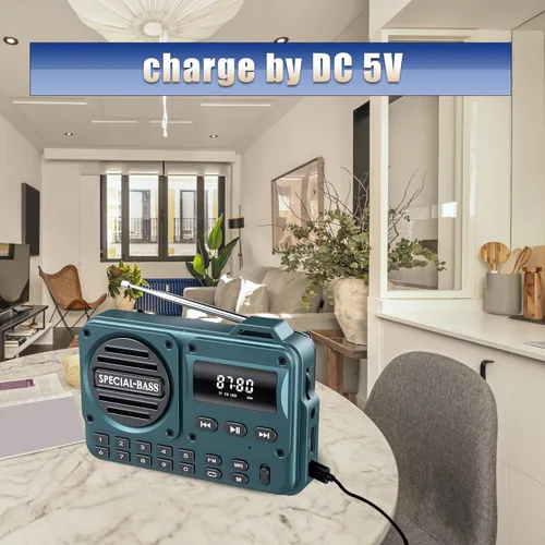 Vista 2 de Radio de bolsillo FM con carga USB-C de 2000mAh recargable, excelente recepción, altavoz claro y conector para auriculares, pantalla LCD, radio FM