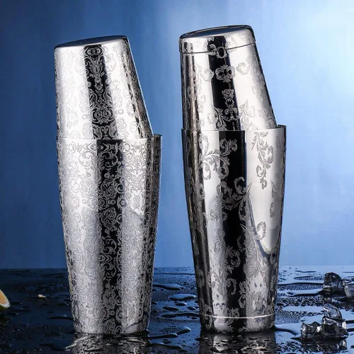 Vista 5 de Lata Boston Shaker de acero inoxidable con patrón grabado 2 piezas de coctelera sin peso de 18 onzas y 28 onzas, mezclador de bebidas Martini