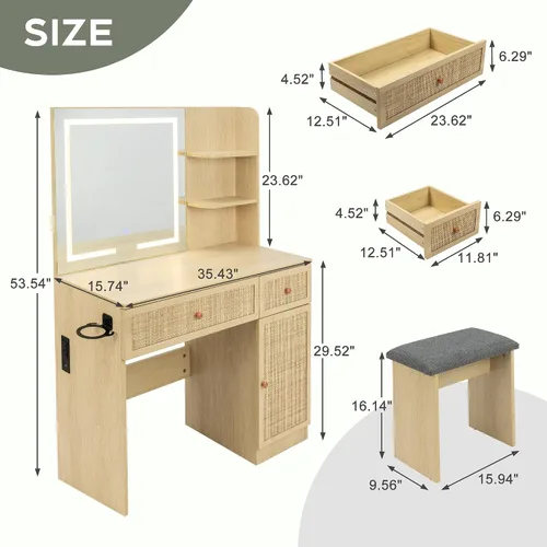 Vista 2 de Yechen - Tocador de 35" estilo bohemio con espejo iluminado con LED y regleta de enchufes, juego de mesa de maquillaje de madera con cajones